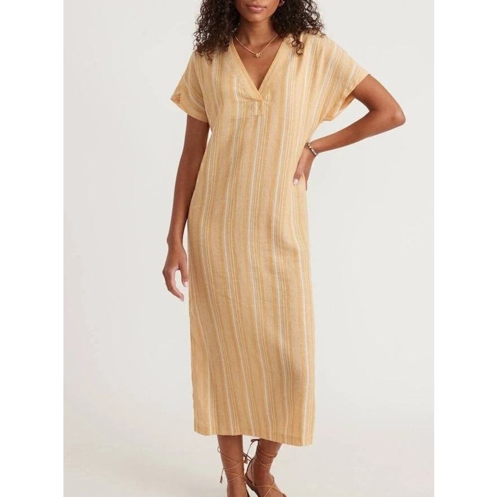 Marine Layer Bali Tunic Dress Linen Blend Midi Gold Shadowy Stripe NWT Small